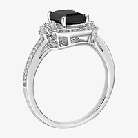 Womens Genuine Black Onyx Sterling Silver Halo Cocktail Ring