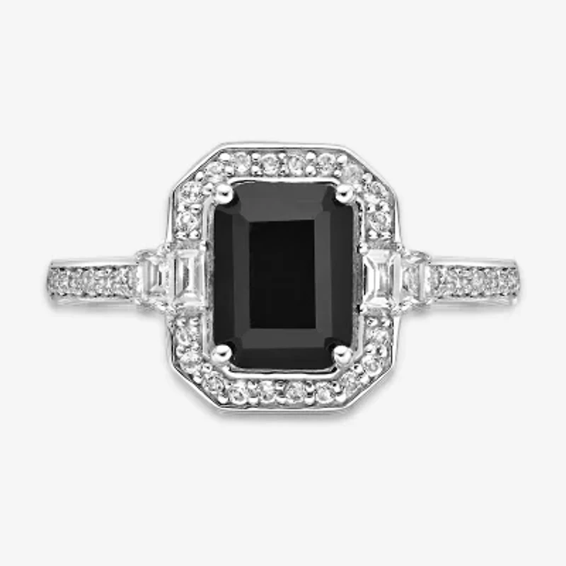 Womens Genuine Black Onyx Sterling Silver Halo Cocktail Ring