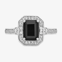 Womens Genuine Black Onyx Sterling Silver Halo Cocktail Ring