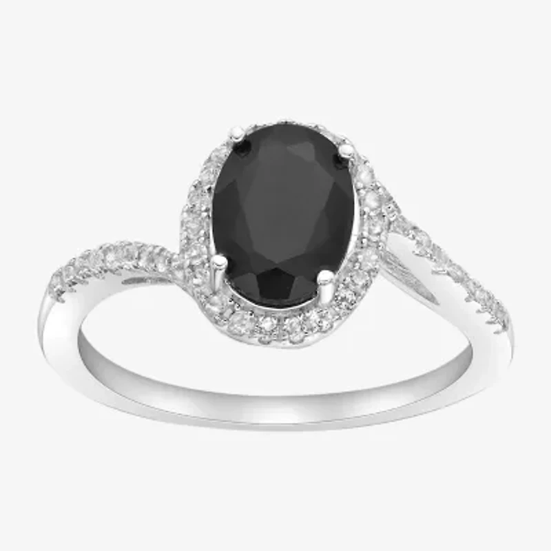 Womens Genuine Black Onyx Sterling Silver Halo Cocktail Ring