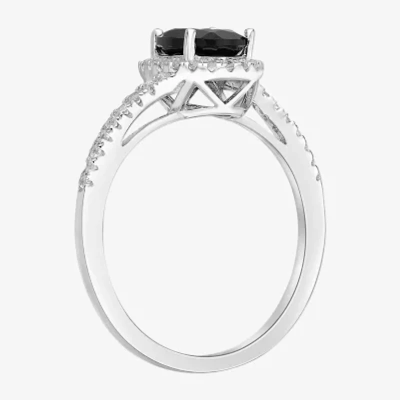 Womens Genuine Black Onyx Sterling Silver Halo Cocktail Ring