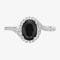 Womens Genuine Black Onyx Sterling Silver Halo Cocktail Ring