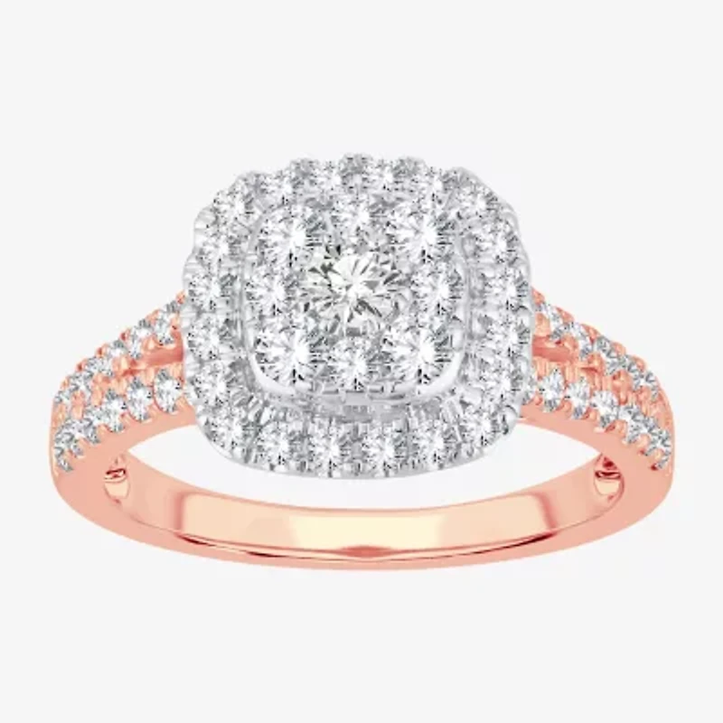 (H-I / I1) Womens 1 CT. T.W. Lab Grown White Diamond 10K or 14K Gold Cushion Side Stone Halo Engagement Ring