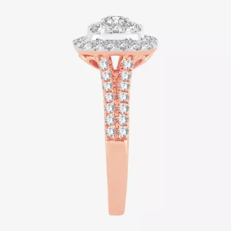(H-I / I1) Womens 1 CT. T.W. Lab Grown White Diamond 10K or 14K Gold Cushion Side Stone Halo Engagement Ring