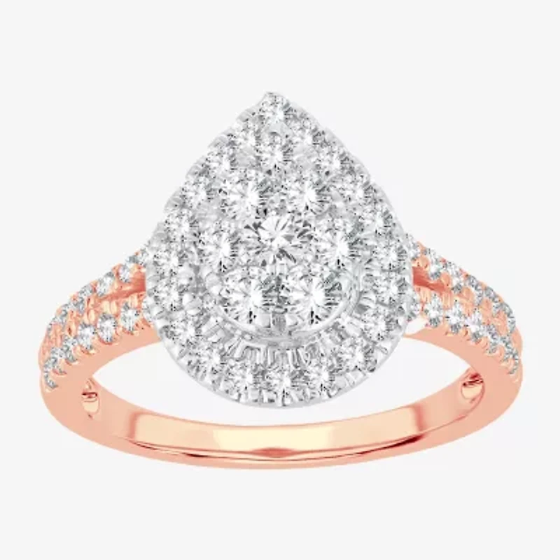 (H-I / I1) Womens 1 CT. T.W. Lab Grown White Diamond 10K or 14K Gold Pear Side Stone Halo Engagement Ring