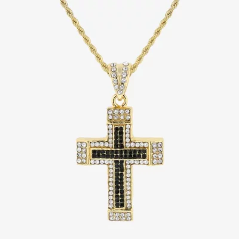 Mens Multi Color Cubic Zirconia Stainless Steel Cross 26 Inch Pendant Necklace