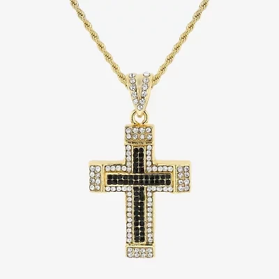 Mens Multi Color Cubic Zirconia Stainless Steel Cross 26 Inch Pendant Necklace