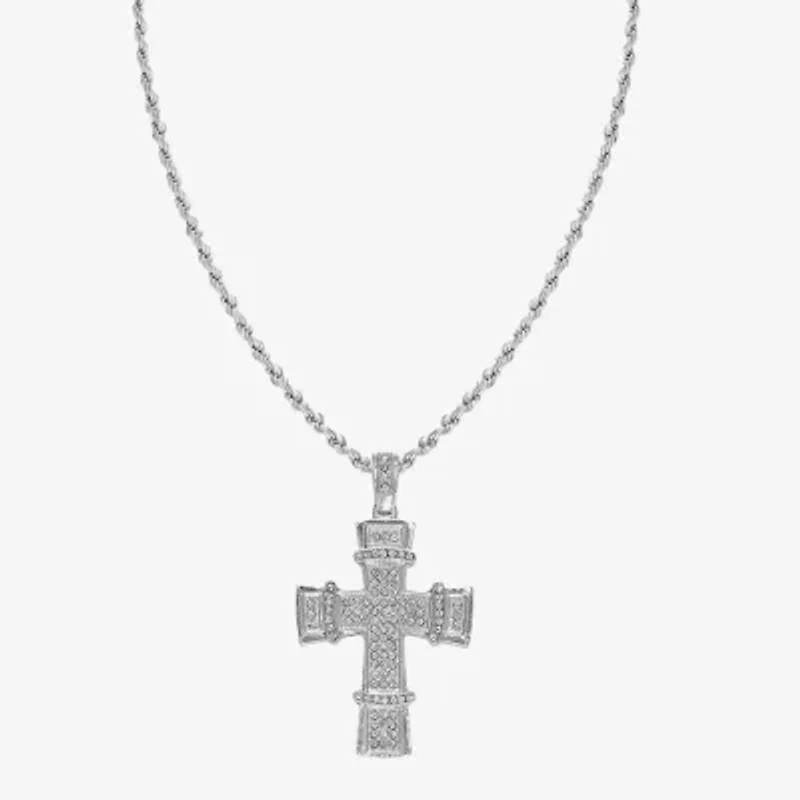 Mens Cubic Zirconia Stainless Steel Cross 26 Inch Pendant Necklace