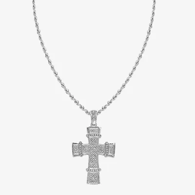 Mens Cubic Zirconia Stainless Steel Cross 26 Inch Pendant Necklace
