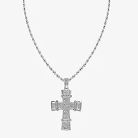 Mens Cubic Zirconia Stainless Steel Cross 26 Inch Pendant Necklace