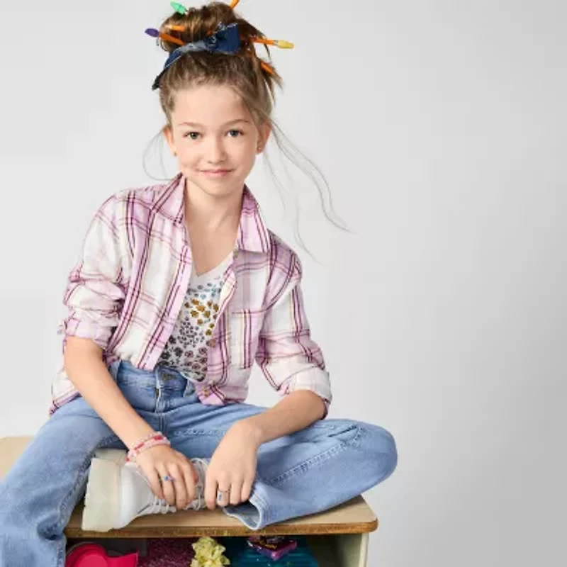 Thereabouts Little & Big Kid Girls Long Sleeve Cuffed Regular Fit Button-Down Shirt