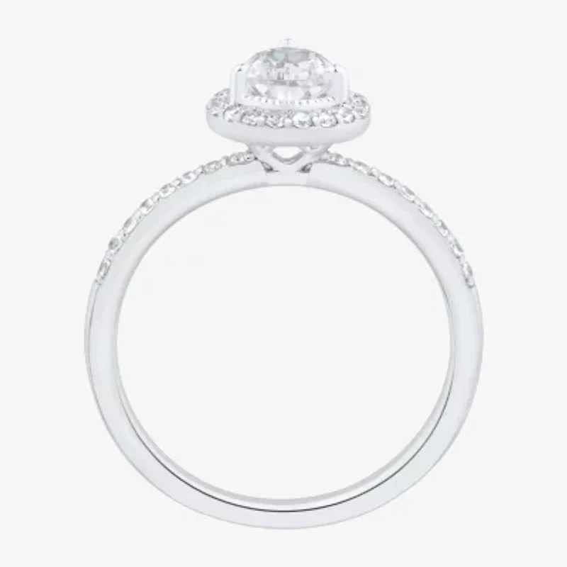 1 CT.T.W. Lab-Grown (H-I / SI1-SI2) Diamond Pear Side Stone Halo Engagement Ring 10K Gold