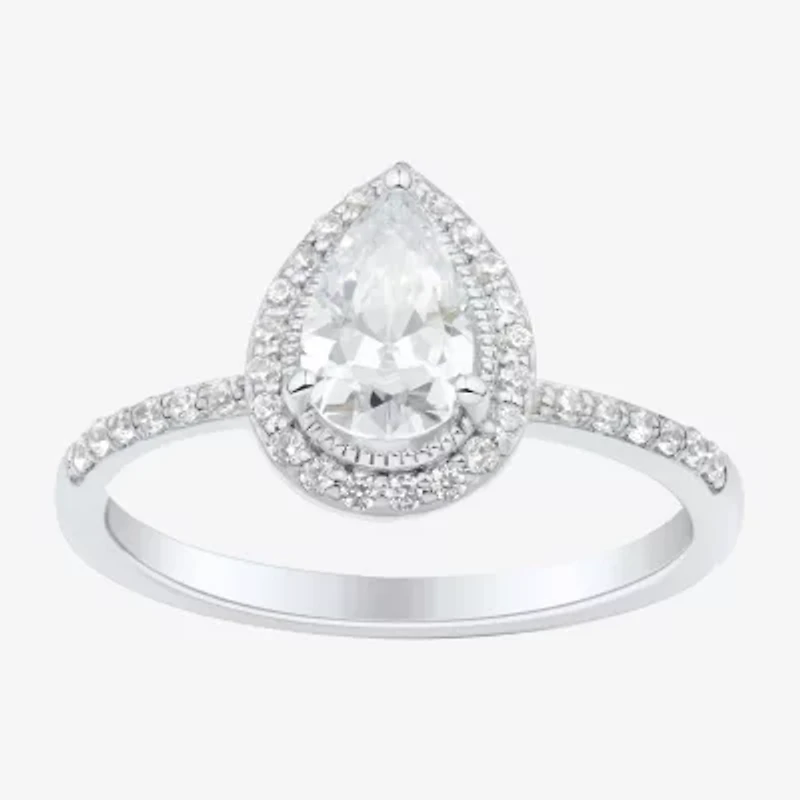 1 CT.T.W. Lab-Grown (H-I / SI1-SI2) Diamond Pear Side Stone Halo Engagement Ring 10K Gold