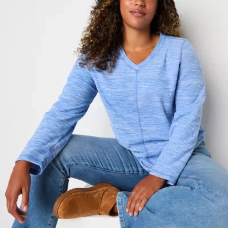 St. John's Bay Polar Fleece Womens V Neck Long Sleeve Sweatshirt