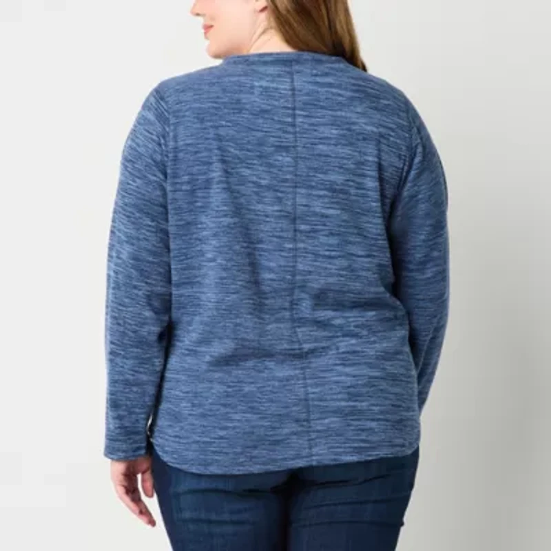 St. John's Bay Polar Fleece Womens Plus V Neck Long Sleeve Sweatshirt