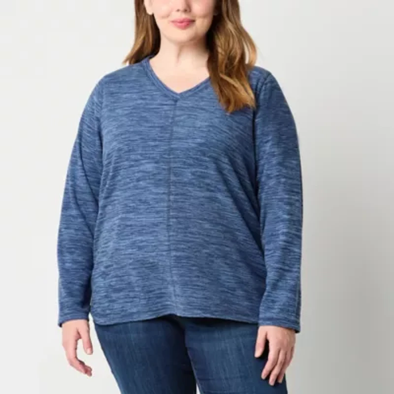 St. John's Bay Polar Fleece Womens Plus V Neck Long Sleeve Sweatshirt