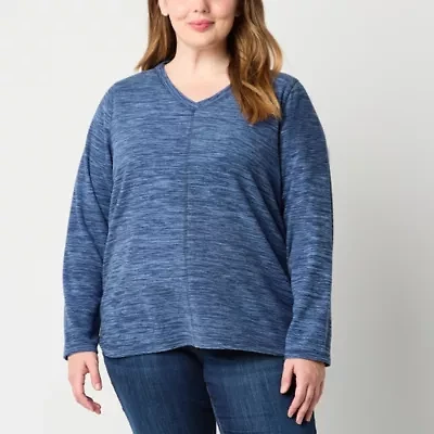 St. John's Bay Polar Fleece Womens Plus V Neck Long Sleeve Sweatshirt