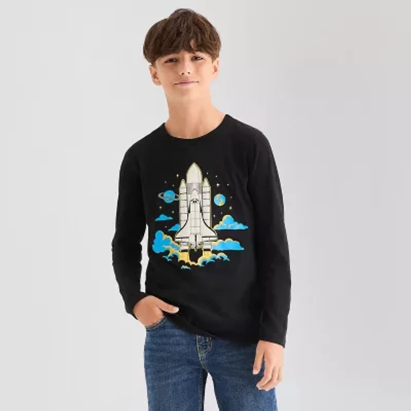 Thereabouts Little & Big Kid Boys Crew Neck Long Sleeve Regular Fit Graphic T-Shirt