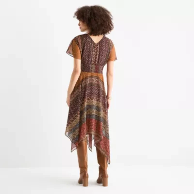 Rabbit Design Womens Short Sleeve Bordered Midi Fit + Flare Dress