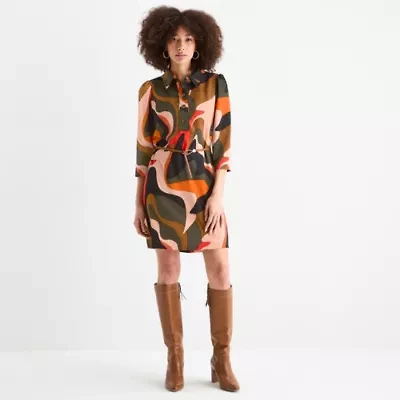 Willow Glenn Womens Belted 3/4 Sleeve Shirt Dress