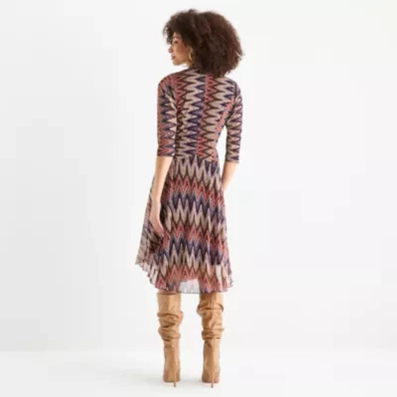 Rabbit Design Womens 3/4 Sleeve Midi Fit + Flare Dress