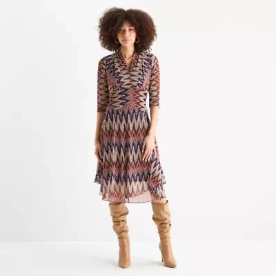 Rabbit Design Womens 3/4 Sleeve Midi Fit + Flare Dress