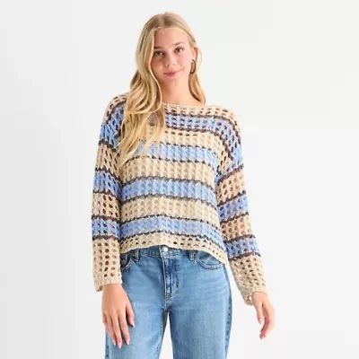 Arizona Juniors Womens Crew Neck Long Sleeve Striped Pullover Sweater