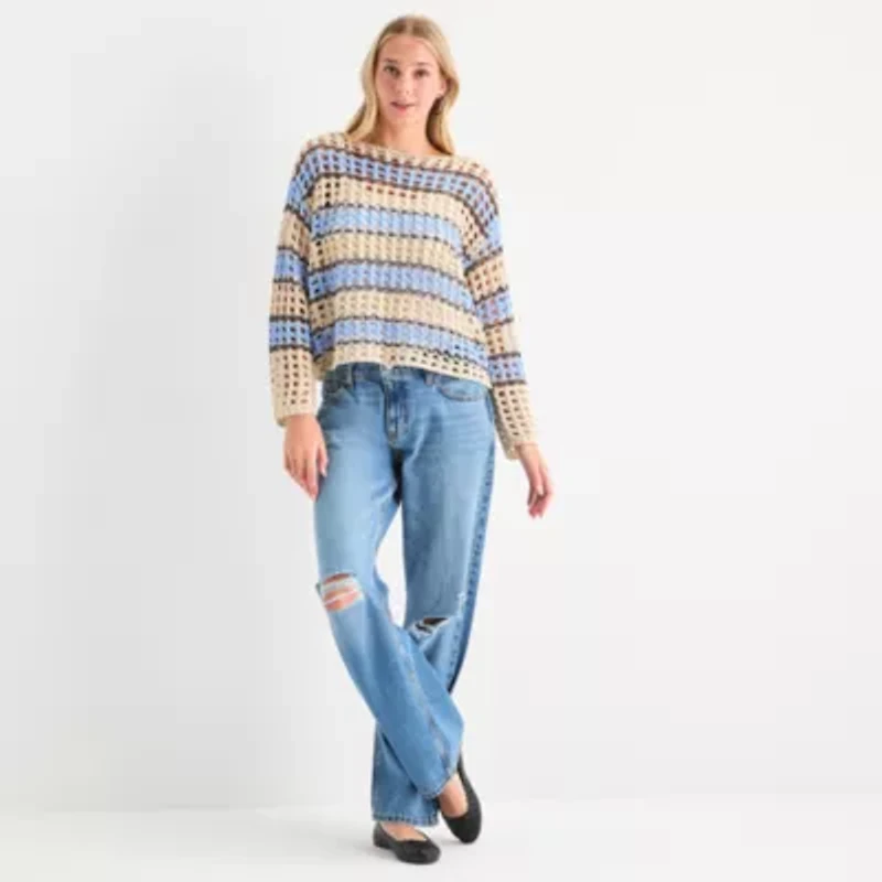 Arizona Juniors Womens Crew Neck Long Sleeve Striped Pullover Sweater
