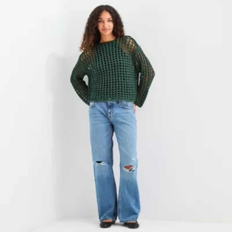 Arizona Juniors Womens Crew Neck Long Sleeve Striped Pullover Sweater