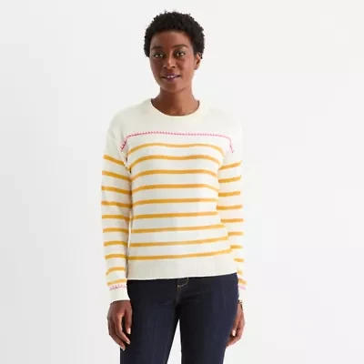 St. John's Bay Womens Crew Neck Long Sleeve Striped Pullover Sweater