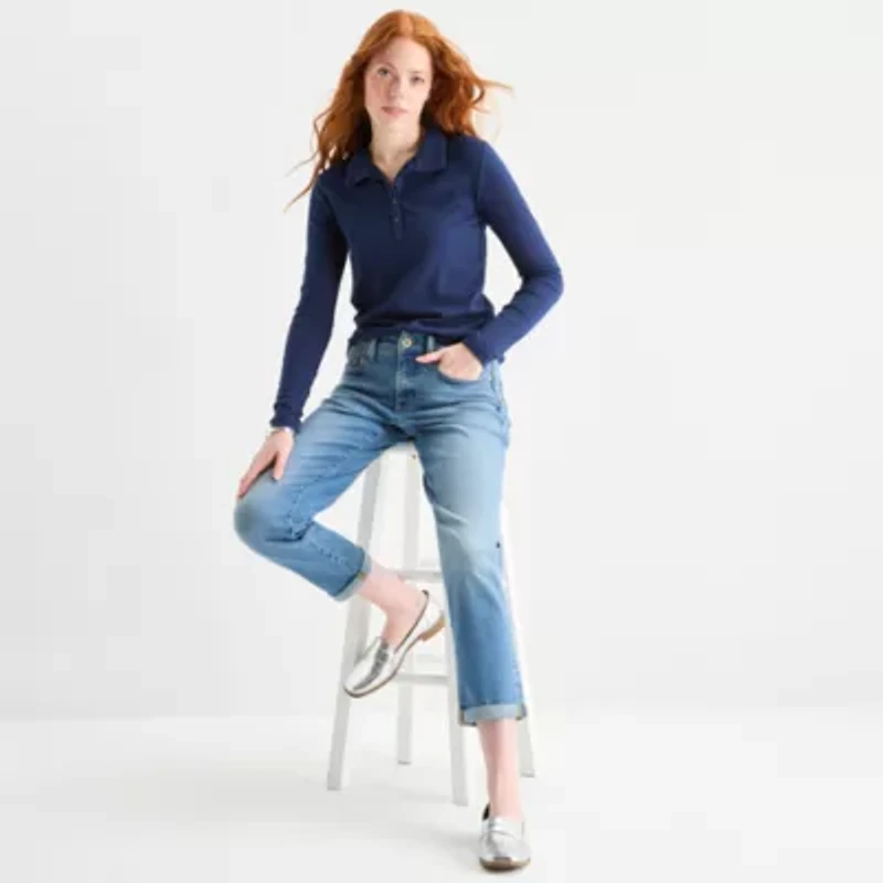 St. John's Bay Womens Long Sleeve Polo Shirt