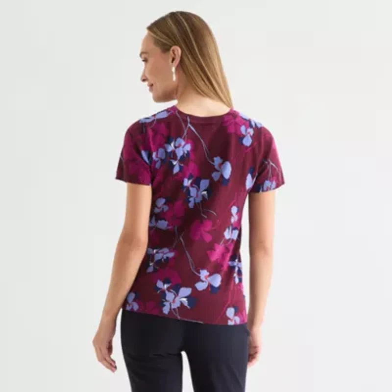 Liz Claiborne Womens Crew Neck Short Sleeve Floral Pullover Sweater