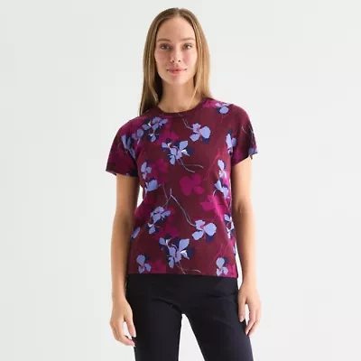 Liz Claiborne Womens Crew Neck Short Sleeve Floral Pullover Sweater