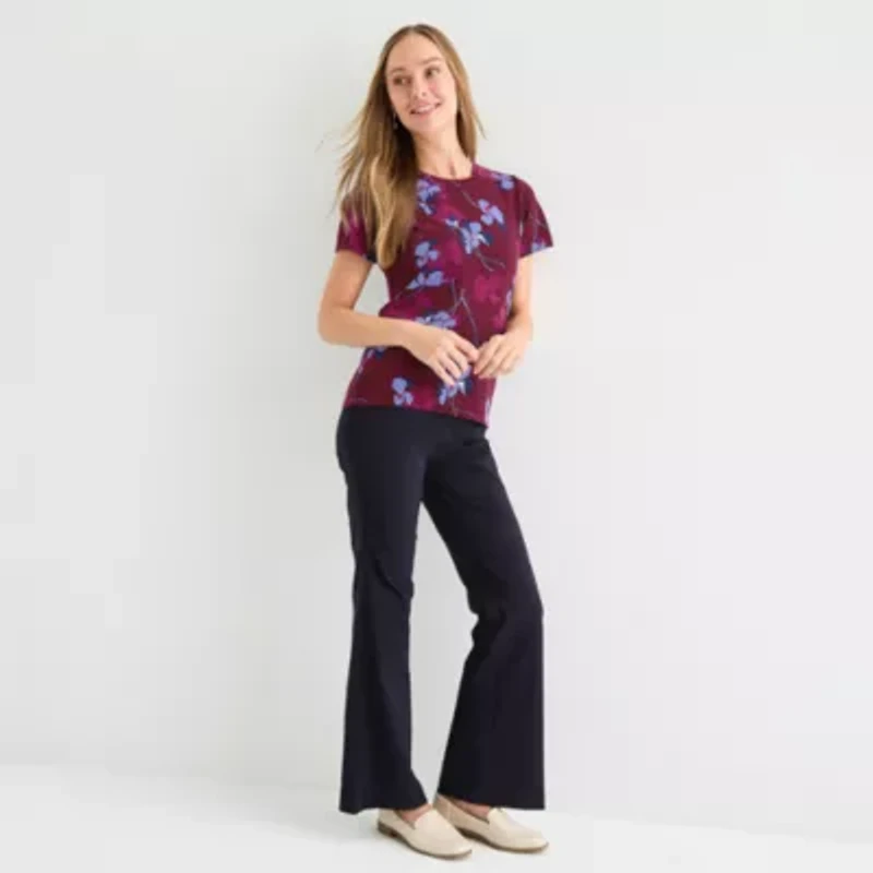 Liz Claiborne Womens Crew Neck Short Sleeve Floral Pullover Sweater