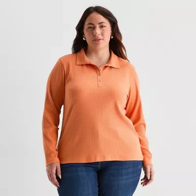 St. John's Bay Womens Plus Long Sleeve Rib Polo Shirt