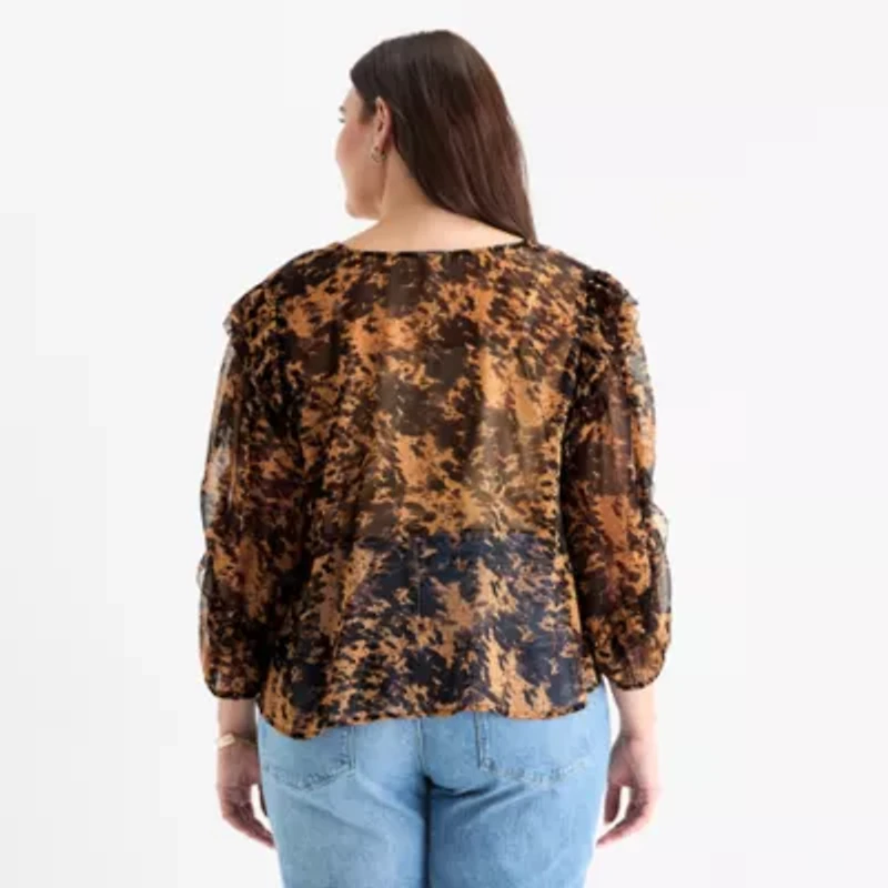 a.n.a Ruffle Womens V Neck Long Sleeve Plus Blouse