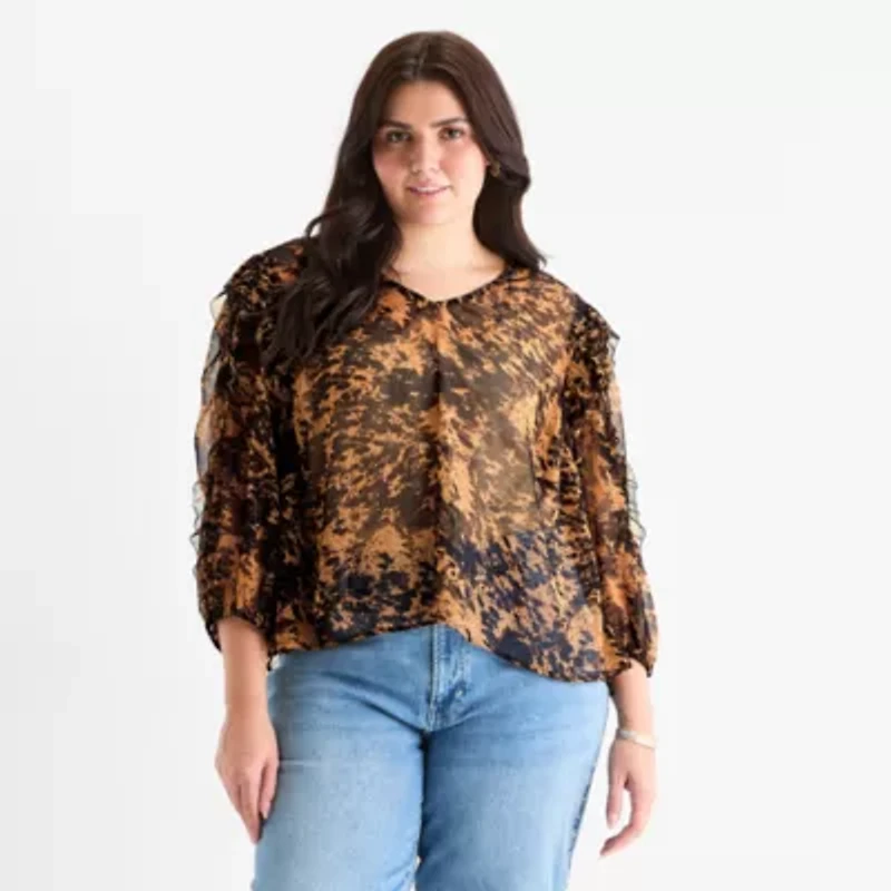 a.n.a Ruffle Womens V Neck Long Sleeve Plus Blouse