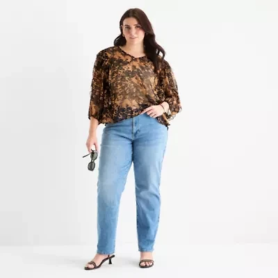 a.n.a Plus Ruffle Womens V Neck Long Sleeve Blouse