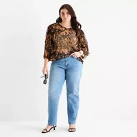 a.n.a Ruffle Womens V Neck Long Sleeve Plus Blouse