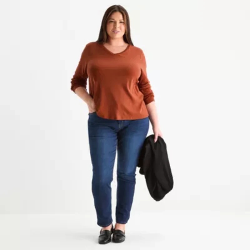 Liz Claiborne Womens Plus V Neck Long Sleeve T-Shirt