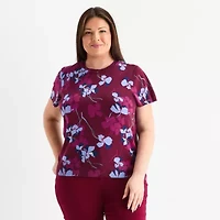 Liz Claiborne Plus Womens Crew Neck Short Sleeve Floral Pullover Sweater