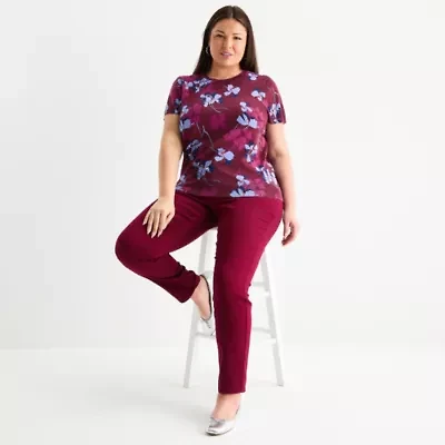 Liz Claiborne Plus Womens Crew Neck Short Sleeve Floral Pullover Sweater