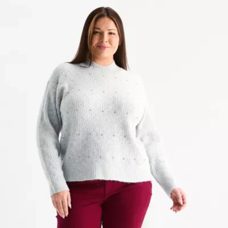 Liz Claiborne Plus Womens Crew Neck Long Sleeve Pullover Sweater