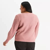 Liz Claiborne Plus Womens Crew Neck Embellished Long Sleeve Pullover Sweater