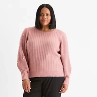 Liz Claiborne Plus Womens Crew Neck Embellished Long Sleeve Pullover Sweater
