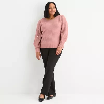 Liz Claiborne Plus Womens Crew Neck Embellished Long Sleeve Pullover Sweater