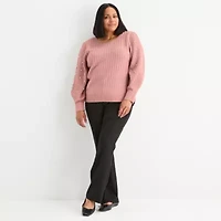 Liz Claiborne Plus Womens Crew Neck Embellished Long Sleeve Pullover Sweater