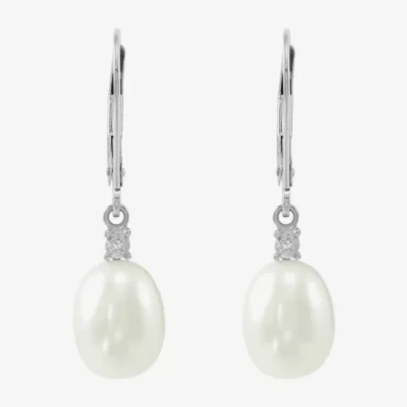 Womens Diamond Accent Natural White Cultured Freshwater Pearl 10K White Gold Drop Earrings
