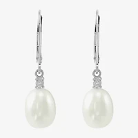 Womens Diamond Accent Natural White Cultured Freshwater Pearl 10K White Gold Drop Earrings