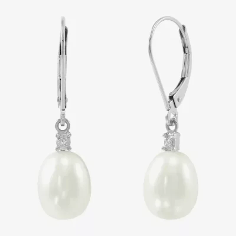 Womens Diamond Accent Natural White Cultured Freshwater Pearl 10K White Gold Drop Earrings